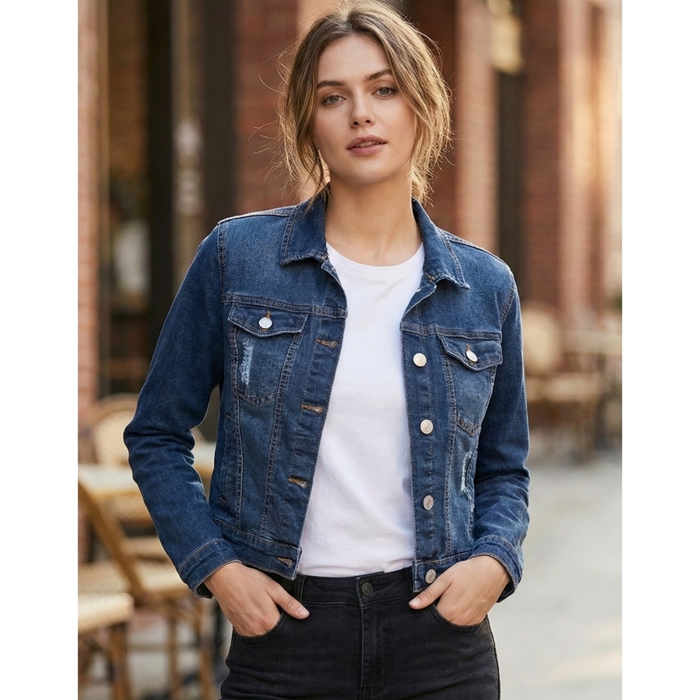 New Look Cropped Denim Jacket Medium Wash Size M